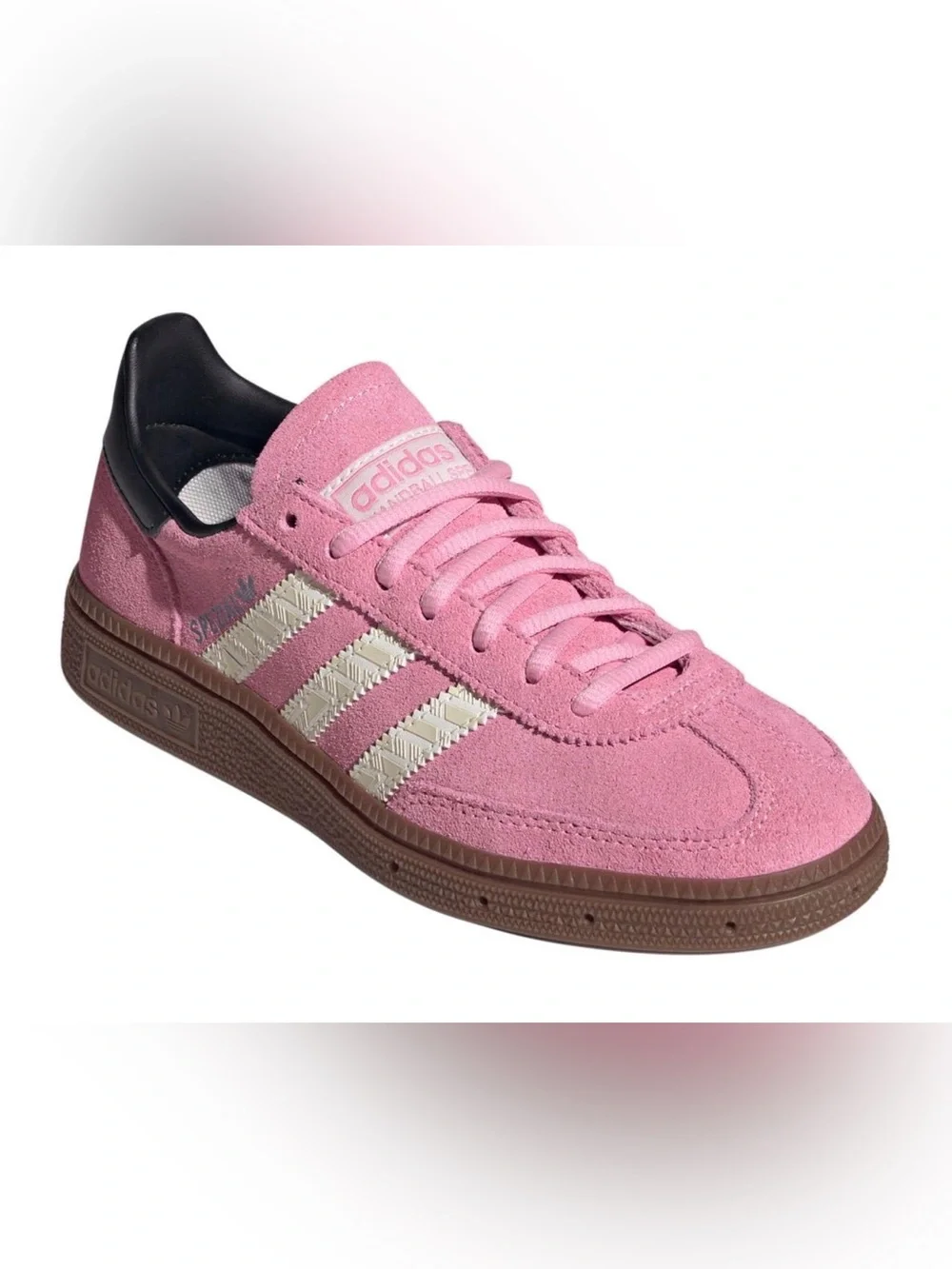 adidas Kids Pink Suede Spezial Sneakers with Cream Stripes and Brown Gum Sole